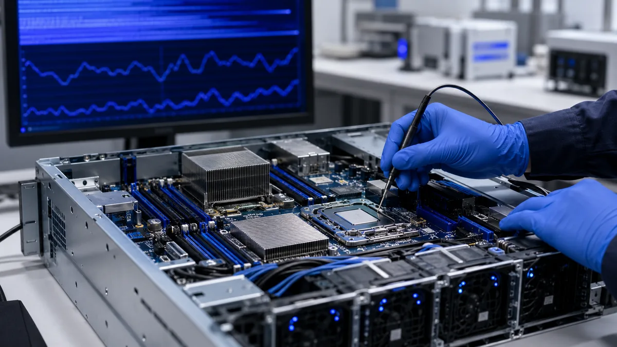 Técnico midiendo con sonda térmica sobre la placa de un servidor abierto en el laboratorio